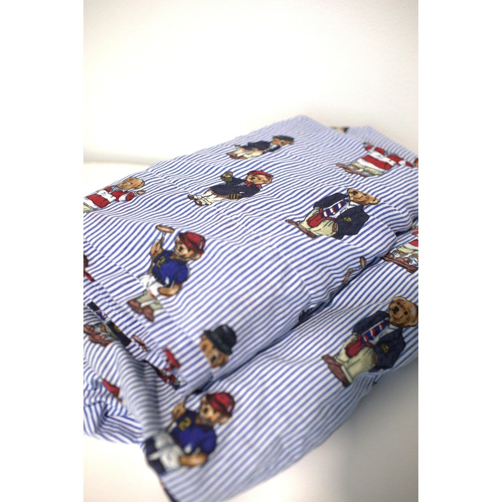 Ralph Lauren Polo Bear Twin Size Bed Sheets Blue White Pinstripe Fitted & Top
